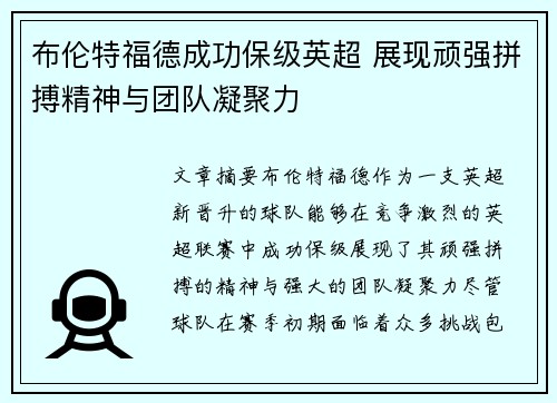 布伦特福德成功保级英超 展现顽强拼搏精神与团队凝聚力