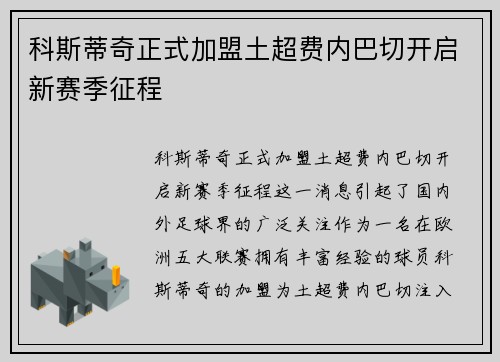 科斯蒂奇正式加盟土超费内巴切开启新赛季征程